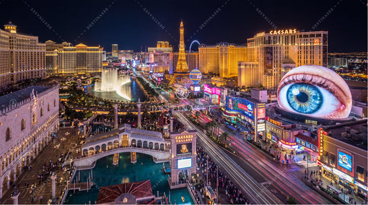 Las Vegas Strip desktop wallpaper: bright night skyline with eye billboard