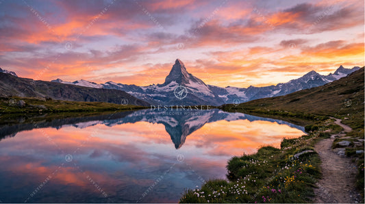 Scenic desktop wallpaper with mirrored mountain peak and tranquil lake at sunset