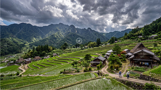 Japanese countryside desktop wallpaper showing terraced rice fields and rural houses