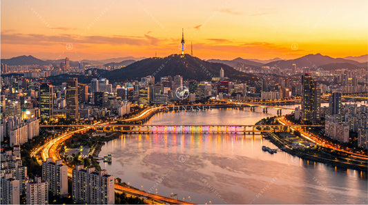 South Korea skyline desktop wallpaper, river with city lights at sunset