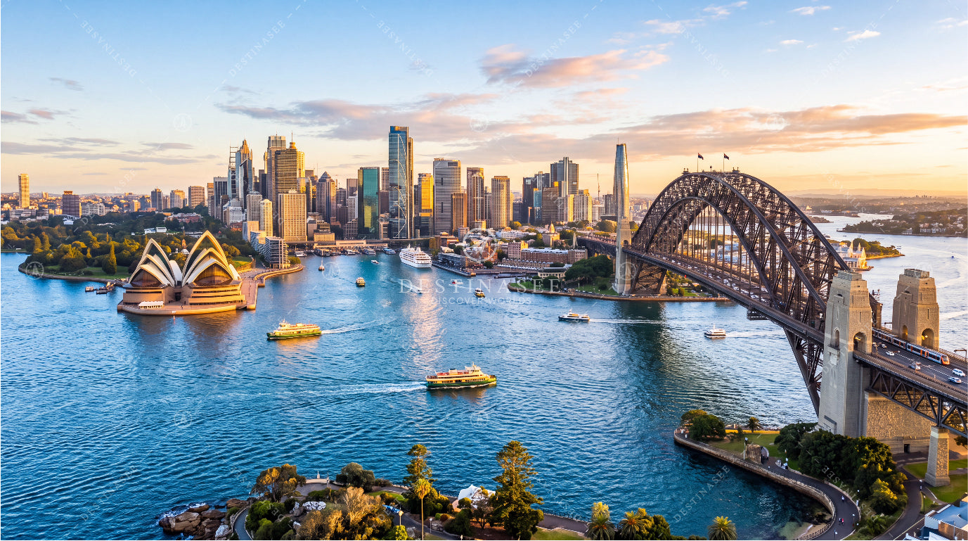 City skyline desktop wallpaper with harbor water, boats, and arched bridge at dusk