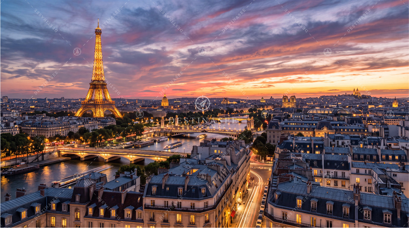 Paris skyline desktop wallpaper with Eiffel Tower at sunset, river and city lights