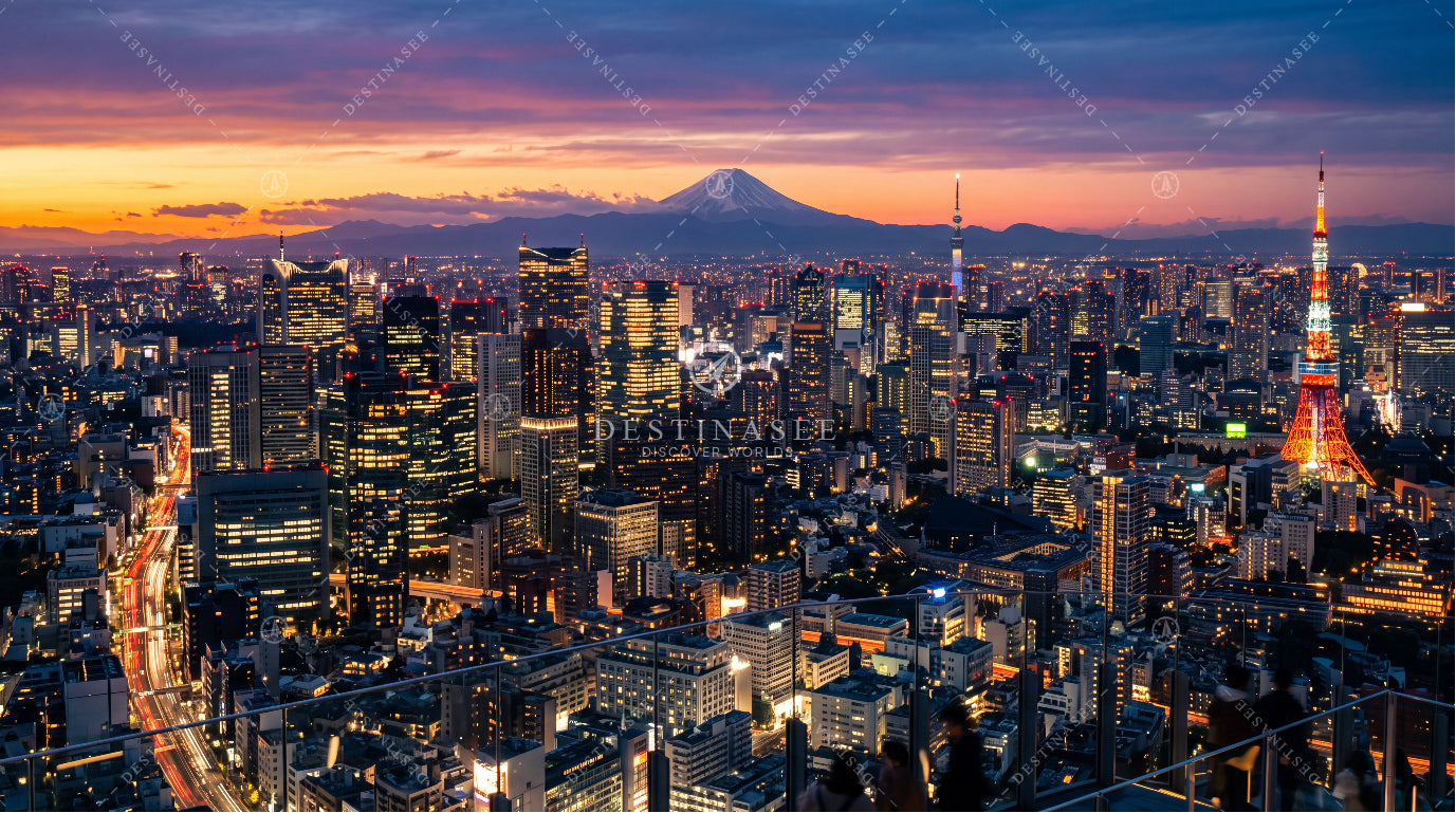 Tokyo skyline desktop wallpaper with Mount Fuji view and Tokyo Tower at dusk
