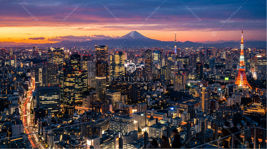 Tokyo skyline desktop wallpaper with Mount Fuji view and Tokyo Tower at dusk
