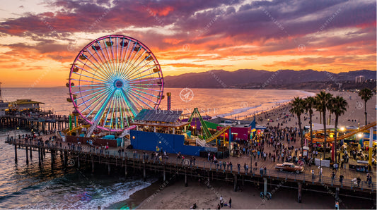 Santa Monica Pier desktop wallpaper with oceanfront ferris wheel at sunset