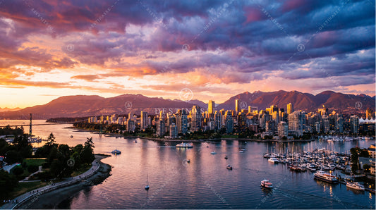 City skyline desktop wallpaper with sunset sky over a harbor and river