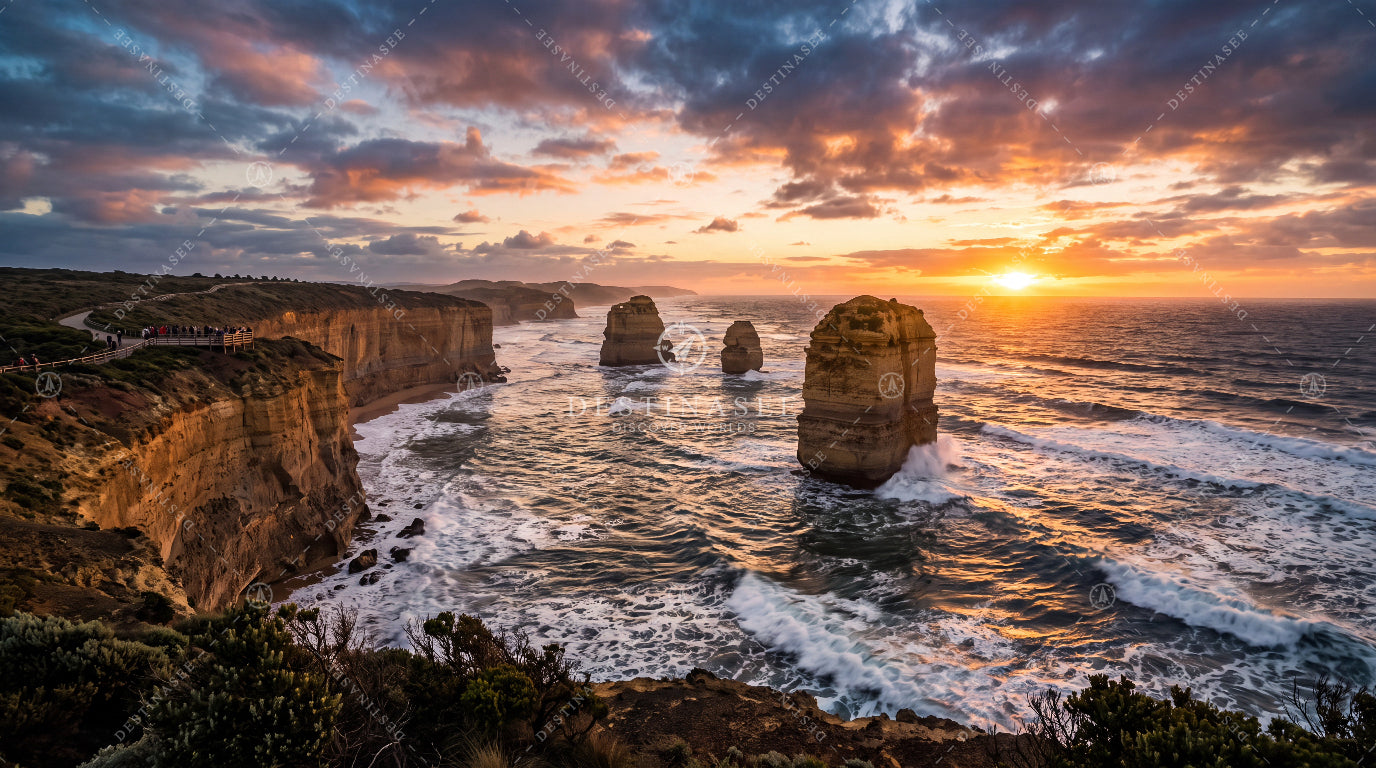 Coastal rock formations desktop wallpaper with ocean waves at sunset, Australia coastline