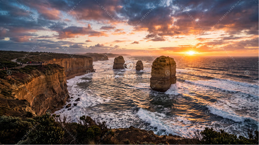Coastal rock formations desktop wallpaper with ocean waves at sunset, Australia coastline