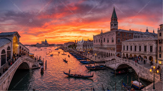 Venice canal cityscape desktop wallpaper with bridges, gondolas, and tall church at sunset