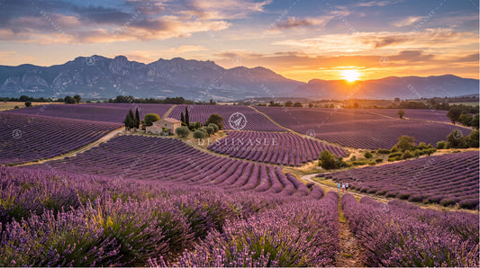 Lavender field landscape desktop wallpaper with winding rows and sunset over mountains