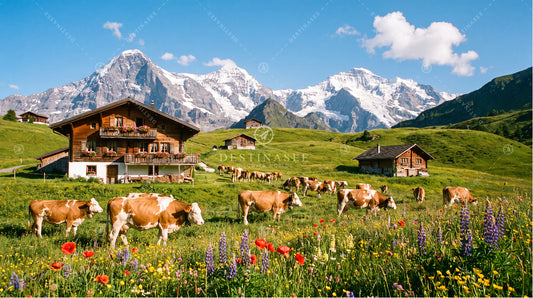 Swiss countryside summer desktop wallpaper with cows, alpine chalets, and mountain peaks