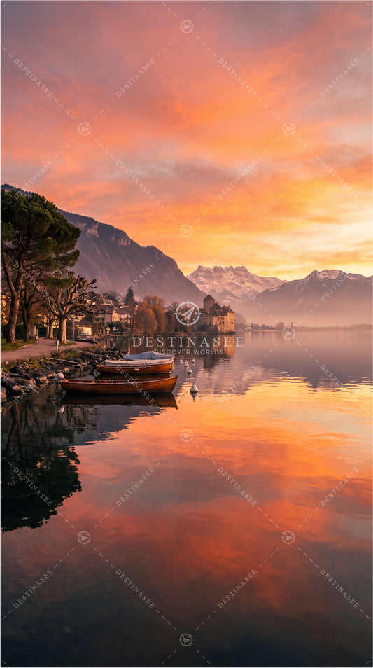 Scenic lake sunset mobile wallpaper with orange sky, calm water, mountains and town