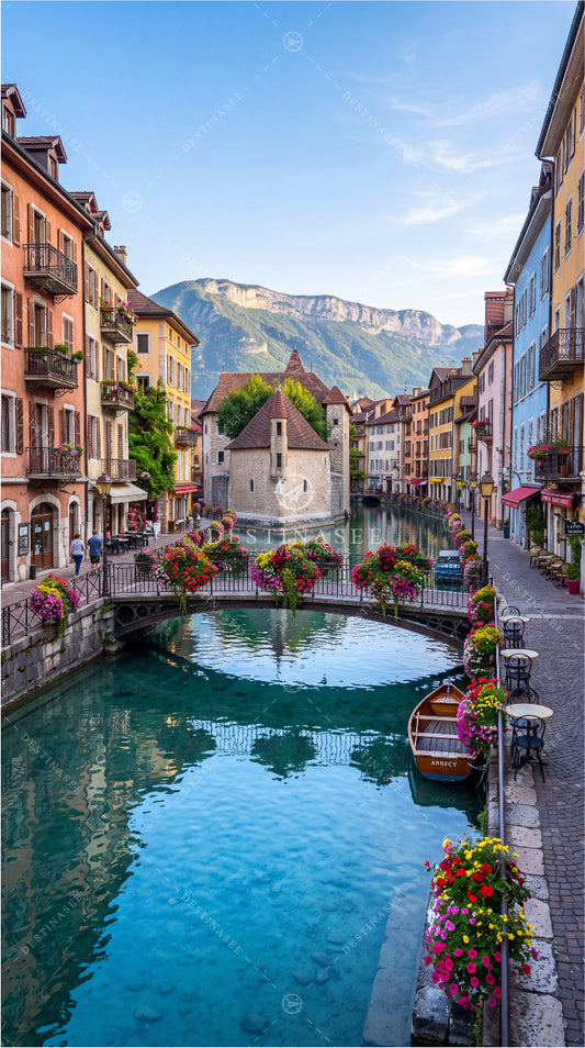 Mobile wallpaper with a turquoise canal, stone arch bridge, and colorful buildings