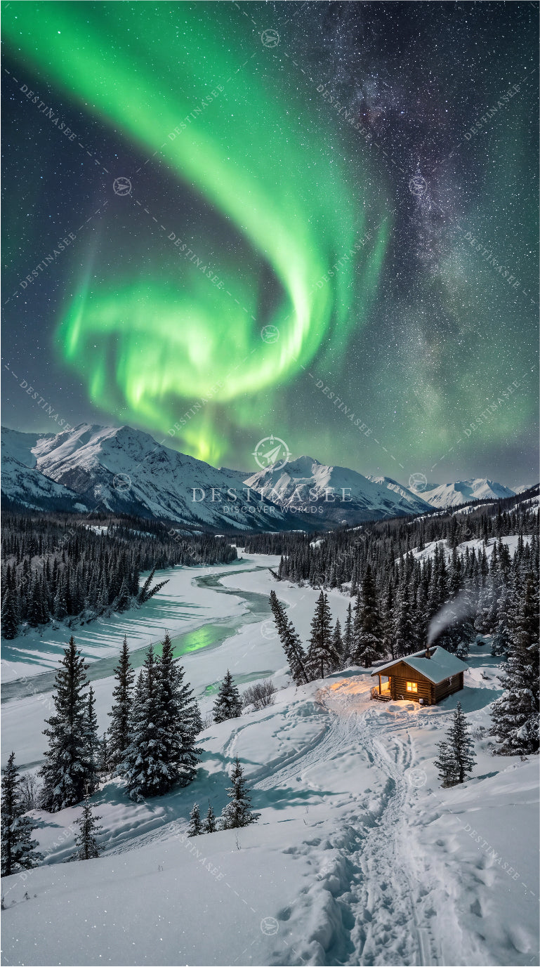 Green aurora over snowy mountain valley with cabin and pine trees, Canada mobile wallpaper
