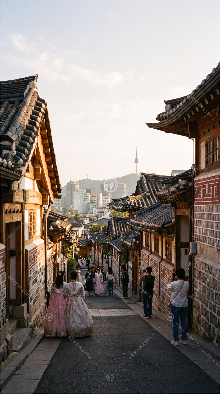 Mobile wallpaper of a traditional hanok alley with tiled roofs and stone walkway