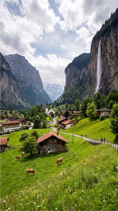 Mobile wallpaper showing Swiss valley with green hills, houses, and waterfall over mountains