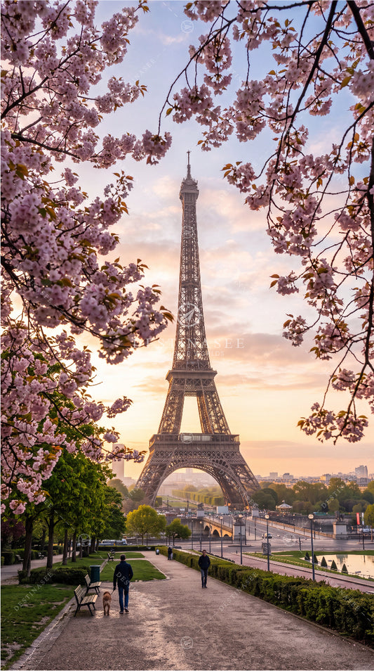 France desktop wallpaper with Eiffel Tower between blooming cherry blossoms at sunrise