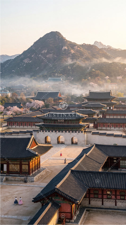 Traditional Korean palace wallpaper featuring Gyeongbokgung-style roofs, courtyards, and gates