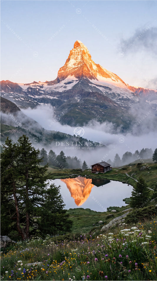 Mobile wallpaper: snow-capped mountain sunrise with clouds, reflected in alpine lake