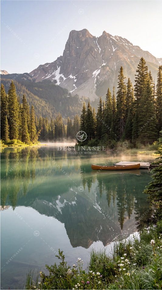 Scenic mountain lake wallpaper with pine forest, reflections, and a dock