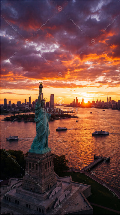 Statue of Liberty mobile wallpaper with sunset skyline over the river