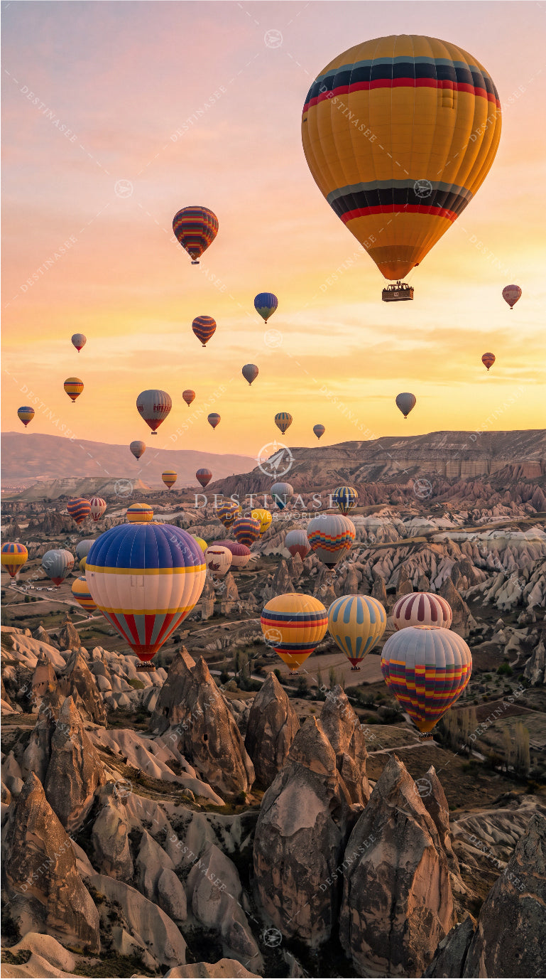 Colorful hot air balloons floating over a rocky canyon valley on a warm sunset sky