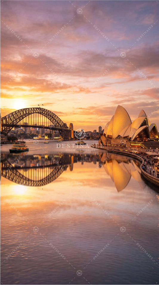 Sydney Harbour mobile wallpaper with Opera House, bridge, and sunset reflections on water