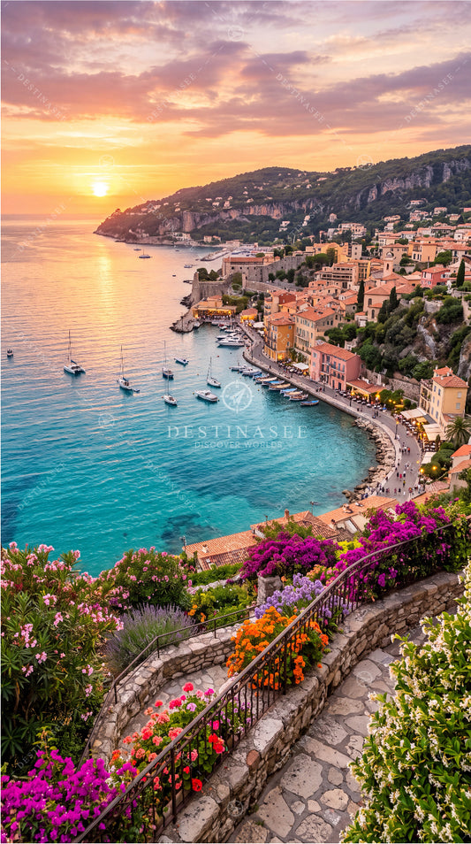 Mobile wallpaper: French Riviera coastline with harbor at sunset and blooming flowers