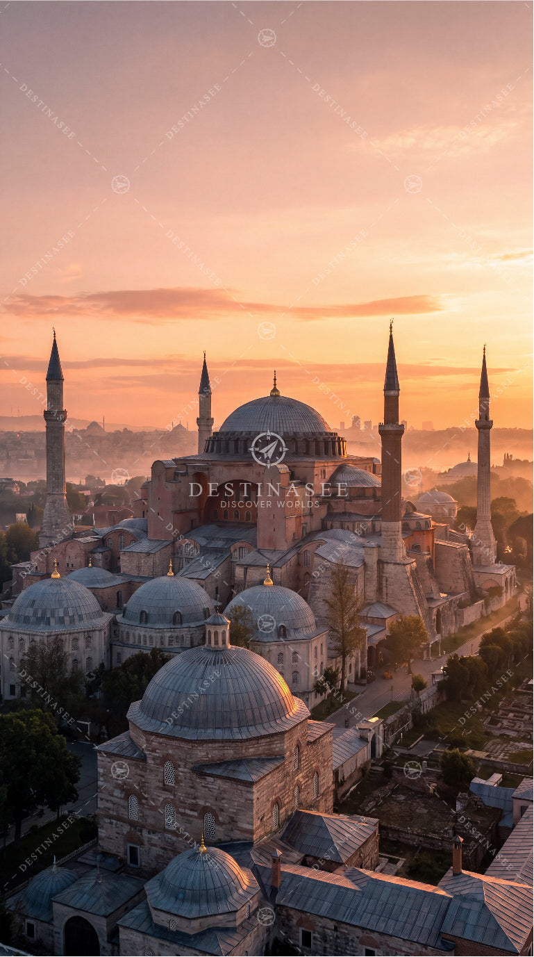 Hagia Sophia mobile wallpaper with domes, minarets, and sunset city skyline