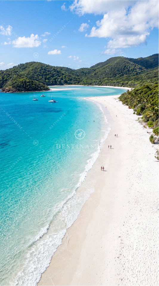 Tropical beach mobile wallpaper with turquoise water, sandy shore, and green hills