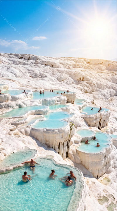 Travertine pool mural wallpaper with turquoise thermal pools and white terraces