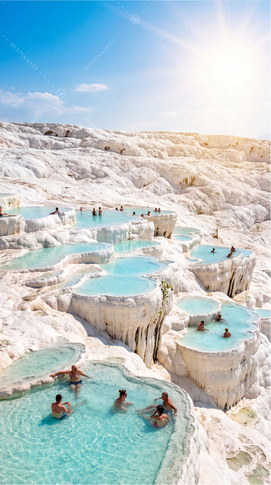 Travertine pool mural wallpaper with turquoise thermal pools and white terraces