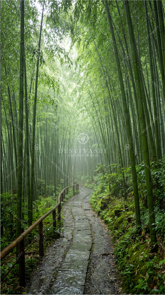 Bamboo forest wallpaper with a winding path through green bamboo stalks