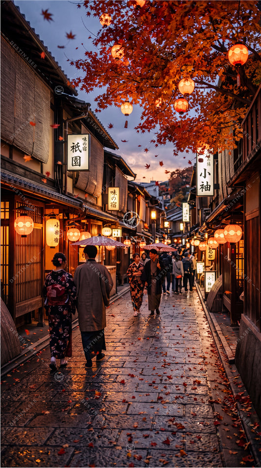 Japanese autumn street wallpaper print with red maple leaves and warm lanterns