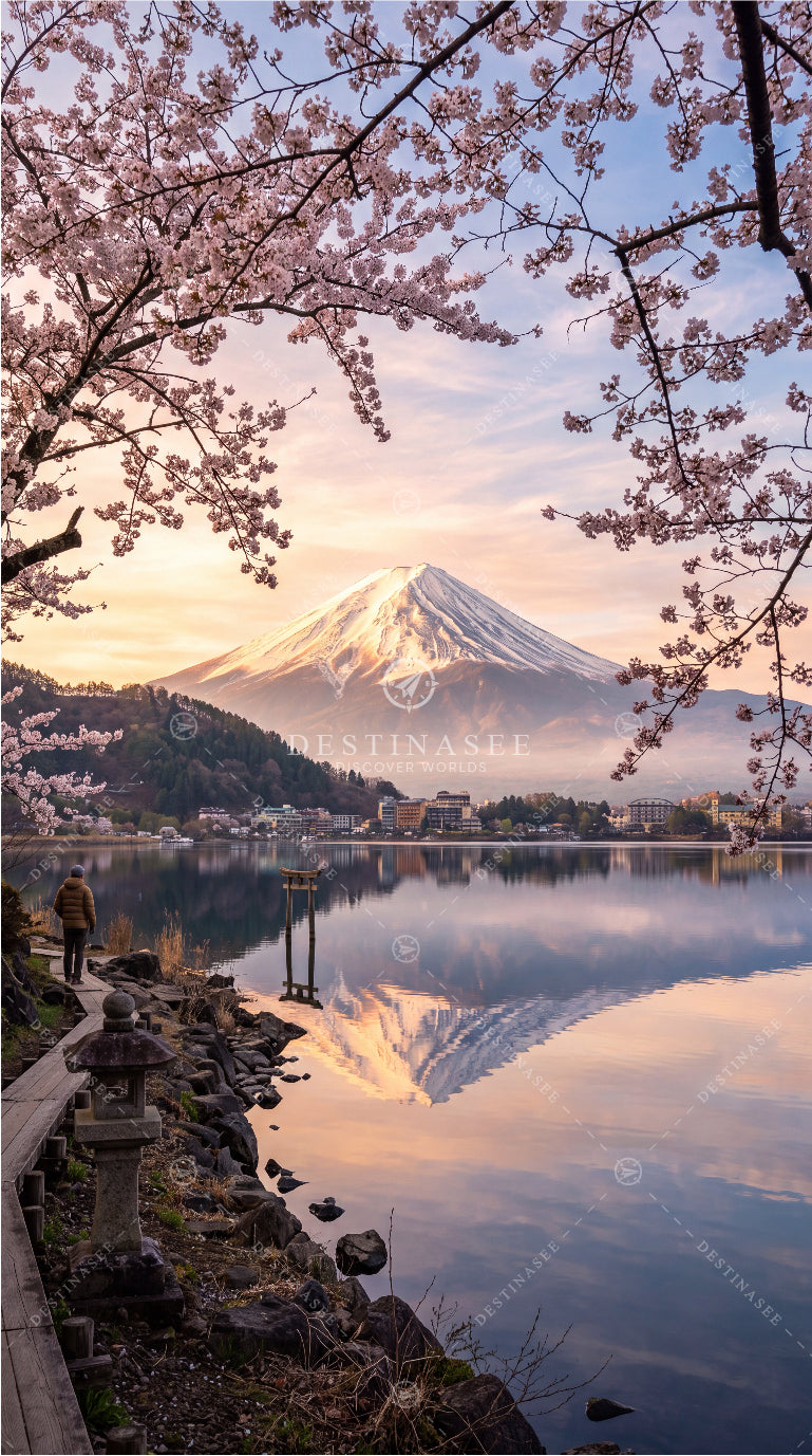 Japan mountain sunrise wallpaper with cherry blossoms and calm lake reflection