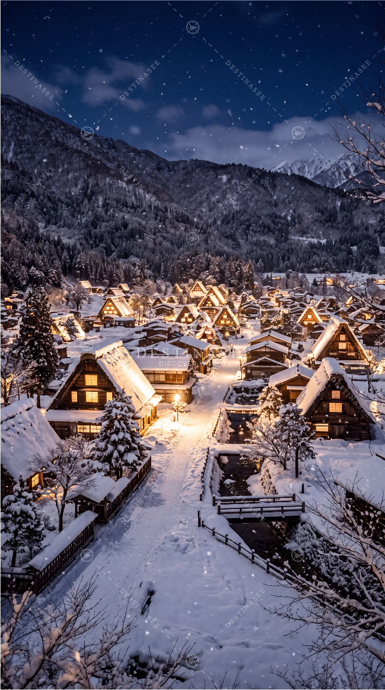 Winter village wallpaper with snow-covered thatched houses and glowing lights