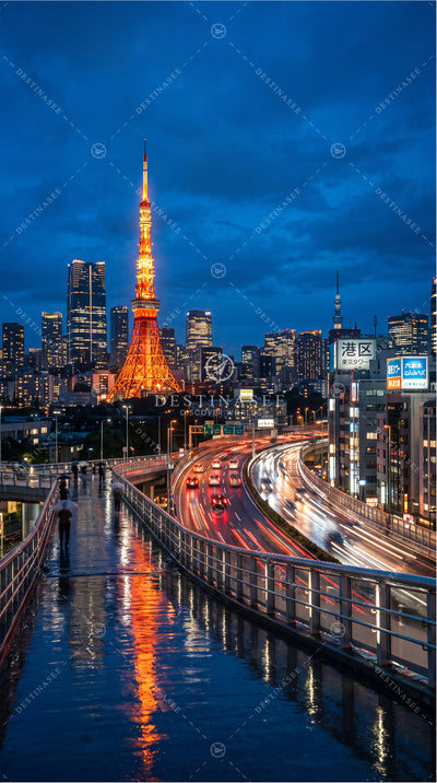 Night city skyline mobile wallpaper with lit Tokyo Tower, river, and light trails
