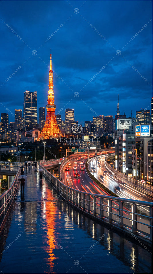 Night city skyline mobile wallpaper with lit Tokyo Tower, river, and light trails